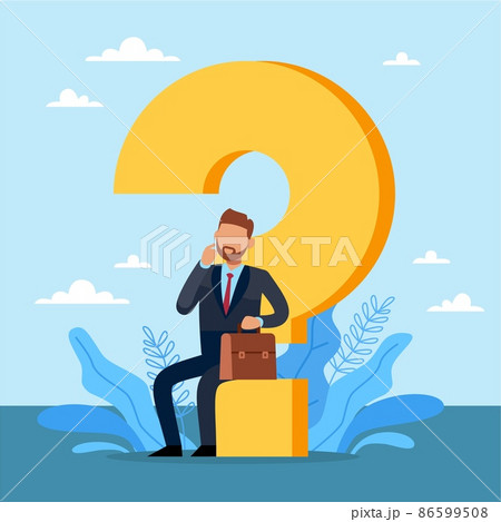 Reflections, question mark. Confused businessman sitting on huge sign, solving problems and finding new opportunities, make decision. Difficult task. Vector isolated business concept 86599508