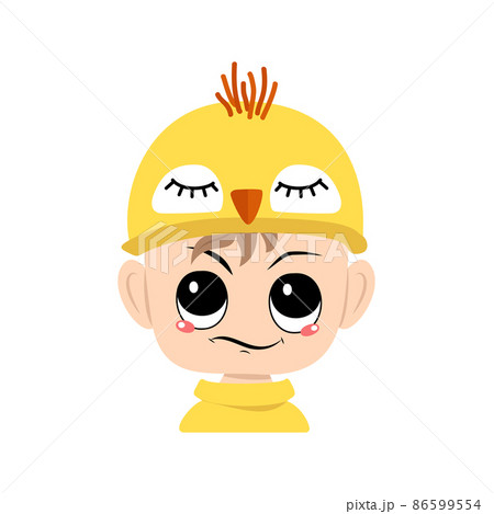 Boy with big eyes and emotions of suspicious, displeased face in cute yellow chicken hat. Head of child with annoyed face for holiday Easter, New Year or costume for party. Vector flat illustration Boy with big eyes and emotions of suspicious, displeased face in cute yellow chicken hat. Head of child with annoyed face for holiday Easter, New Year or costume for party. Vector flat illustration 86599554