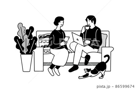 ソファに座りながらスマホをする女性とパソコンをする男性のイラスト ソファに座りながらスマホをする女性とパソコンをする男性のイラスト 86599674