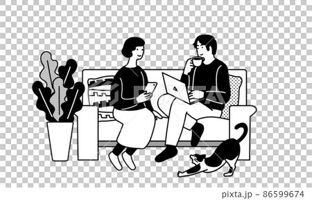 ソファに座りながらスマホをする女性とパソコンをする男性のイラスト ソファに座りながらスマホをする女性とパソコンをする男性のイラスト 86599674