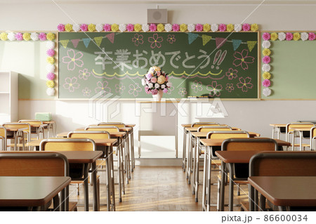 黒板にチョークでメッセージが描かれた卒業式当日の教室 卒業と門出のコンセプトイメージのイラスト素材
