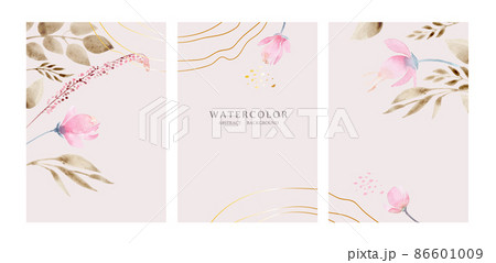 Abstract watercolor art background in pastel powder, gold and pink colors. Botanical minimal style wallpaper with flowers and leaves, Organic shapes watercolor. Background for banner, poster 86601009