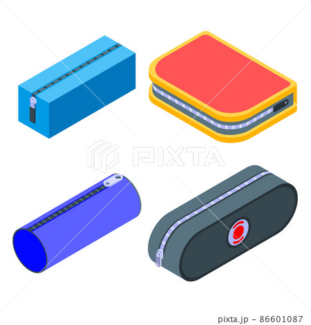 Pencil case icons set, isometric style Pencil case icons set, isometric style 86601087