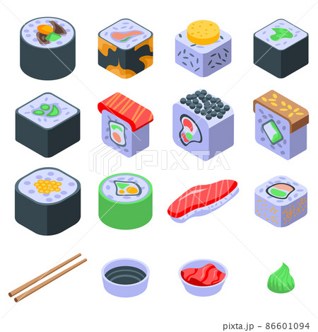 Sushi roll icons set, isometric style Sushi roll icons set, isometric style 86601094