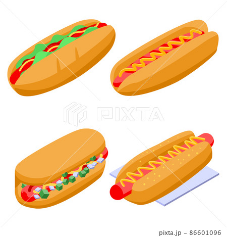 Hot dog icons set, isometric style Hot dog icons set, isometric style 86601096