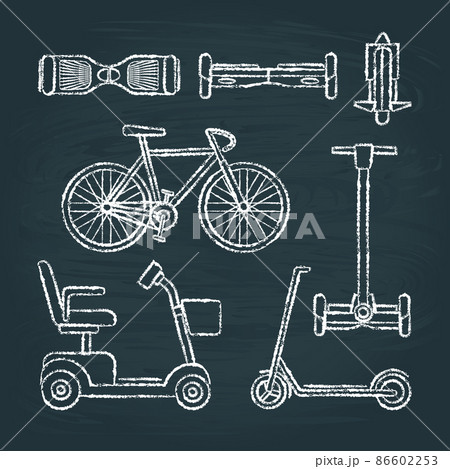 Set of scooter and bike sketches on chalkboard 86602253