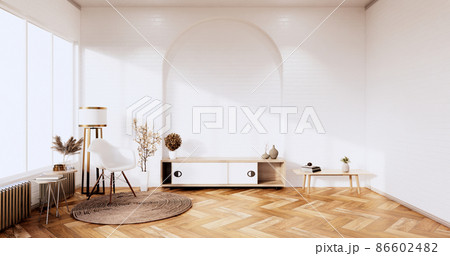 Tv cabinet in loft interior white brick wall room minimal designs, 3d rendering 86602482