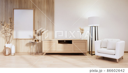 Minimalist - Modern room interior with Cabinet TV and armchair, plants,lamp, decorations.3D rendering Minimalist - Modern room interior with Cabinet TV and armchair, plants,lamp, decorations.3D rendering 86602642