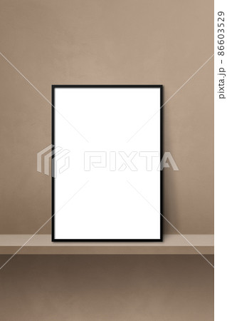 Black picture frame leaning on a brown shelf. 3d illustration. Vertical background 86603529