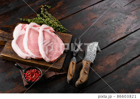 Raw fresh steak from meat, on old dark wooden table background, with copy space for text Raw fresh steak from meat, on old dark wooden table background, with copy space for text 86603821