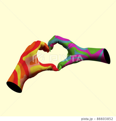 Contemporary art collage. Composition with multicolored human hands making heart shape isolated on light background. Concept of diversity, friendship, rights, peace 86603852