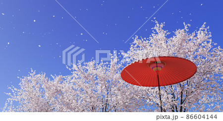 青空に舞い散る満開の桜と赤い野点傘のある風景 / 日本の春の象徴的イメージ / 3Dレンダリング 86604144
