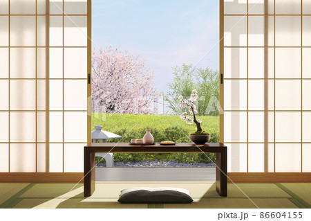 うららかな春の陽が差す「桜の花」のある和室インテリア / 和風「家花見」のコンセプトイメージ 86604155