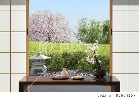 うららかな春の陽が差す「桜の花」のある和室インテリア / 和風「家花見」のコンセプトイメージ 86604157