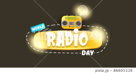 Vector World radio day horizontal banner with old cassette stereo player isolated on abstract grey background. Cartoon funky hipster Radio day banner, label, sign, icon or poster with radio Vector World radio day horizontal banner with old cassette stereo player isolated on abstract grey background. Cartoon funky hipster Radio day banner, label, sign, icon or poster with radio 86605316
