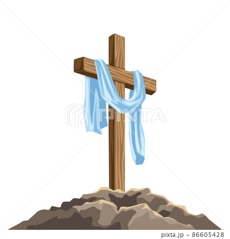 Christian illustration of wooden cross and shroud. Happy Easter image. Christian illustration of wooden cross and shroud. Happy Easter image. 86605428