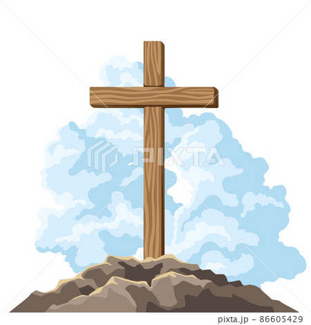 Christian illustration of wooden cross and shroud. Happy Easter image. 86605429
