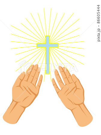 Christian illustration of hands folded in prayer. Happy Easter image. 86605444