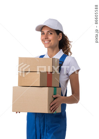 Delivery woman with packed boxes Delivery woman with packed boxes 86605588