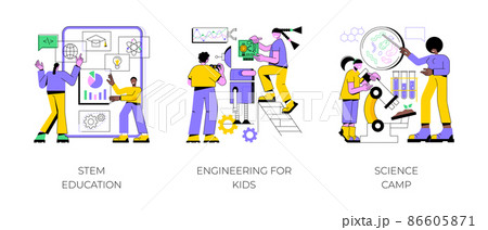 Fun learning activities abstract concept vector illustration set. STEM education, engineering for kids, science camp, technology class, laboratory experiment, early development abstract metaphor. Fun learning activities abstract concept vector illustration set. STEM education, engineering for kids, science camp, technology class, laboratory experiment, early development abstract metaphor. 86605871