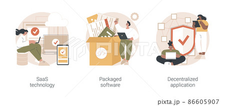 Application service abstract concept vector illustration set. SaaS technology, packaged software, decentralized application, cloud computing, software licensing, subscription abstract metaphor. Application service abstract concept vector illustration set. SaaS technology, packaged software, decentralized application, cloud computing, software licensing, subscription abstract metaphor. 86605907