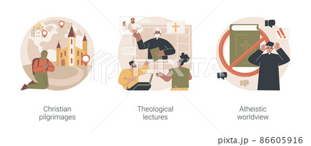 Religious doctrine abstract concept vector illustration set. Christian pilgrimages, theological lectures, atheistic worldview, church fathers, monks in monastery, prayer to god abstract metaphor. Religious doctrine abstract concept vector illustration set. Christian pilgrimages, theological lectures, atheistic worldview, church fathers, monks in monastery, prayer to god abstract metaphor. 86605916