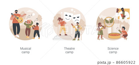 Summer vacation camps abstract concept vector illustration set. Musical, theatre and science camp, playing instrument, drama school, laboratory experiment, young talent, lessons abstract metaphor. 86605922