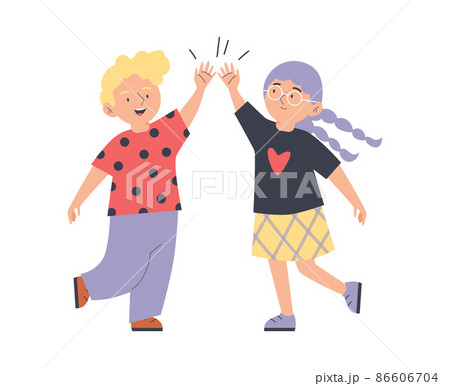 Blonde boy and girl give high five with their hands. Cute kids celebrate by doing hi five. Cartoon vector illustration. Blonde boy and girl give high five with their hands. Cute kids celebrate by doing hi five. Cartoon vector illustration. 86606704