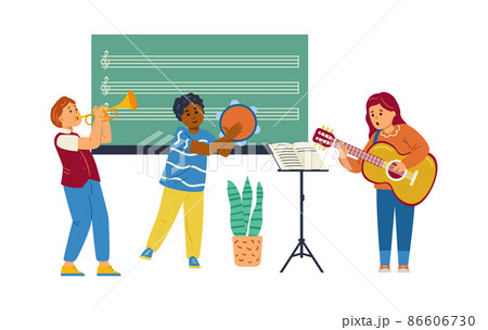 Kids practice guitar, tambourine and trumpet at music class. Children music band play a song. Cartoon flat vector illustration. Kids practice guitar, tambourine and trumpet at music class. Children music band play a song. Cartoon flat vector illustration. 86606730