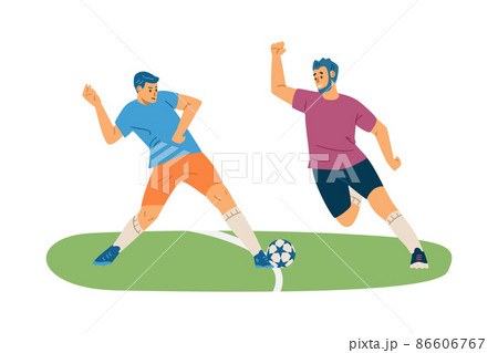 Two football players compete during soccer game, flat vector illustration isolated on white background. Two football players compete during soccer game, flat vector illustration isolated on white background. 86606767