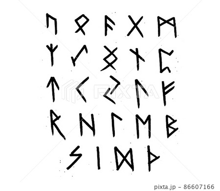 Viking runes, elder futhark alphabet. Retro norse scandinavian runes. Sketch celtic ancient letters. Old hieroglyphic occult set icons. Medieval viking symbols. Vector isolated on white background Viking runes, elder futhark alphabet. Retro norse scandinavian runes. Sketch celtic ancient letters. Old hieroglyphic occult set icons. Medieval viking symbols. Vector isolated on white background 86607166