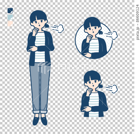 ひとつ結びヘアーの女性がため息をついているイラスト 86609124