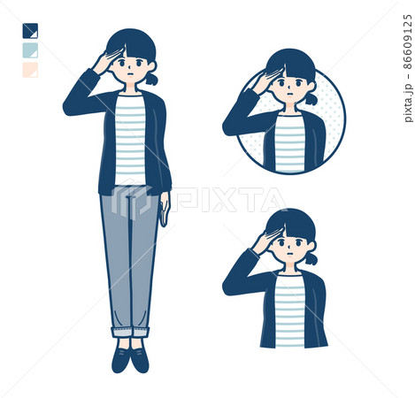ひとつ結びヘアーの女性が敬礼しているイラスト 86609125