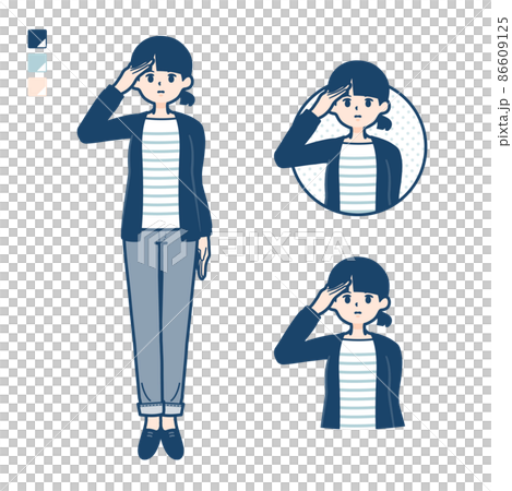 ひとつ結びヘアーの女性が敬礼しているイラスト 86609125