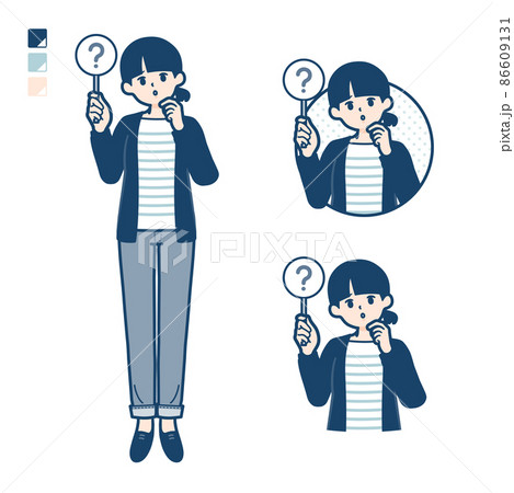 ひとつ結びヘアーの女性がクエスチョン印パネルを出すイラスト ひとつ結びヘアーの女性がクエスチョン印パネルを出すイラスト 86609131