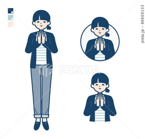 ひとつ結びヘアーの女性が合掌しているイラスト 86609133