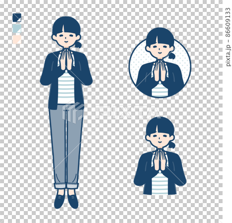 Illustration of a woman with one knot hair holding hands 86609133