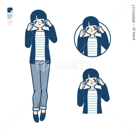 ひとつ結びヘアーの女性が泣いているイラスト 86609157
