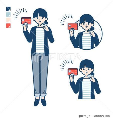 ひとつ結びヘアーの女性がクレジットカードを指差しているイラスト 86609160