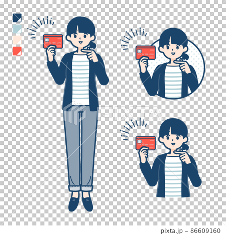 ひとつ結びヘアーの女性がクレジットカードを指差しているイラスト 86609160