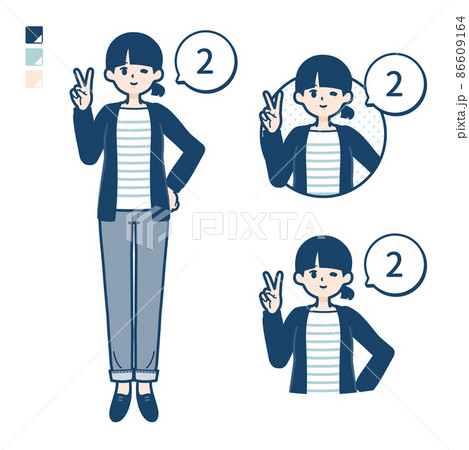 ひとつ結びヘアーの女性が2とカウントしているイラスト 86609164