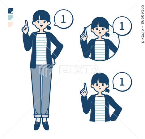 ひとつ結びヘアーの女性が1とカウントしているイラスト ひとつ結びヘアーの女性が1とカウントしているイラスト 86609165