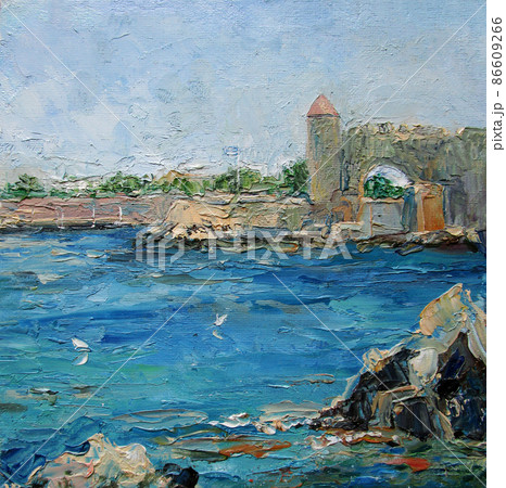 Rhodes fortress near the sea, summer, Greece, oil painting Rhodes fortress near the sea, summer, Greece, oil painting 86609266