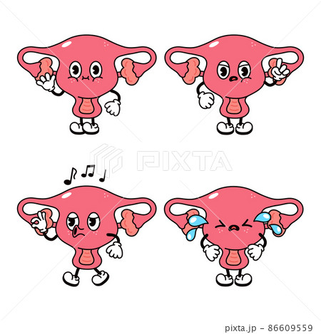 Funny happy uterus characters bundle set. Vector hand drawn doodle style traditional cartoon vintage, retro character illustration icon design. Isolated white background. Cute uterus mascot character 86609559