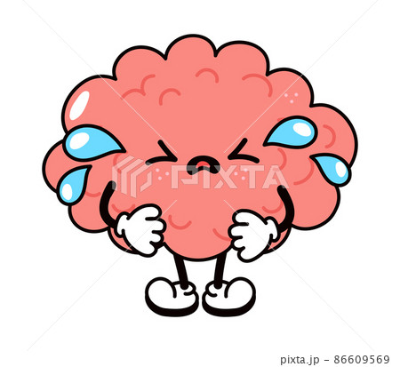 Cute funny crying sad brain character. Vector hand drawn traditional cartoon vintage, retro, kawaii character illustration icon. Isolated on white background. Crying brain character concept 86609569