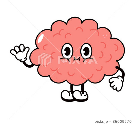 Cute funny brain waving hand character. Vector hand drawn traditional cartoon vintage, retro, kawaii character illustration icon. Isolated on white background. Happy brain character concept Cute funny brain waving hand character. Vector hand drawn traditional cartoon vintage, retro, kawaii character illustration icon. Isolated on white background. Happy brain character concept 86609570