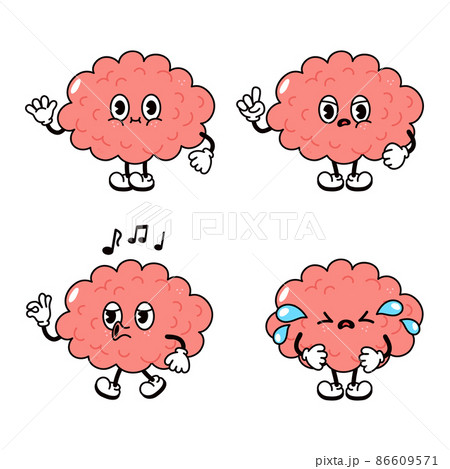 Funny happy brain characters bundle set. Vector hand drawn doodle style traditional cartoon vintage, retro character illustration icon design. Isolated white background. Cute brain mascot character 86609571