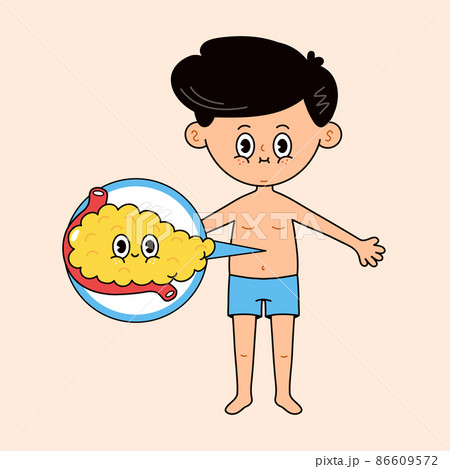 Man with pancreas icon in a bubble. Vector hand drawn doodle style traditional cartoon vintage, retro character illustration icon design. Cute man boy and pancreas mascot character 86609572