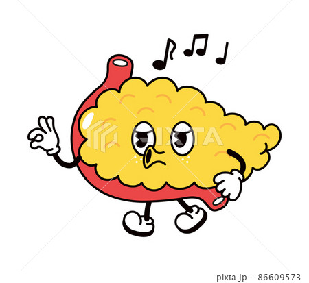 Cute funny pancreas walking singing character. Vector hand drawn traditional cartoon vintage, retro, kawaii character illustration icon. Isolated on white background. Happy pancreas walk and sing Cute funny pancreas walking singing character. Vector hand drawn traditional cartoon vintage, retro, kawaii character illustration icon. Isolated on white background. Happy pancreas walk and sing 86609573