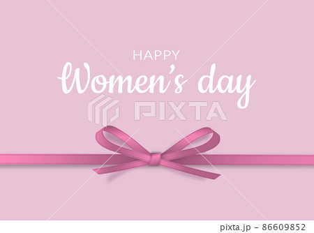 Greeting card for March 8. Happy International Women's day banner with pink ribbon and realistic bow on a pink background. Vector illustration 86609852